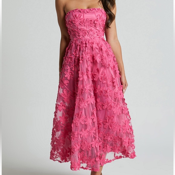 Hot pink ShowPo dress with floral embroidered decals. - Picture 1 of 2